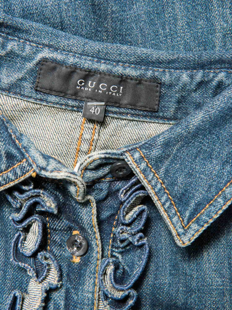 Gucci Logo Denim Ruffled Shirt Blue-designer resale