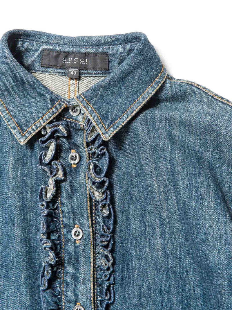 Gucci Logo Denim Ruffled Shirt Blue-designer resale