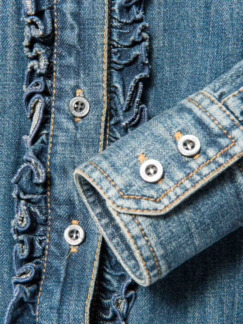 Gucci Logo Denim Ruffled Shirt Blue-designer resale
