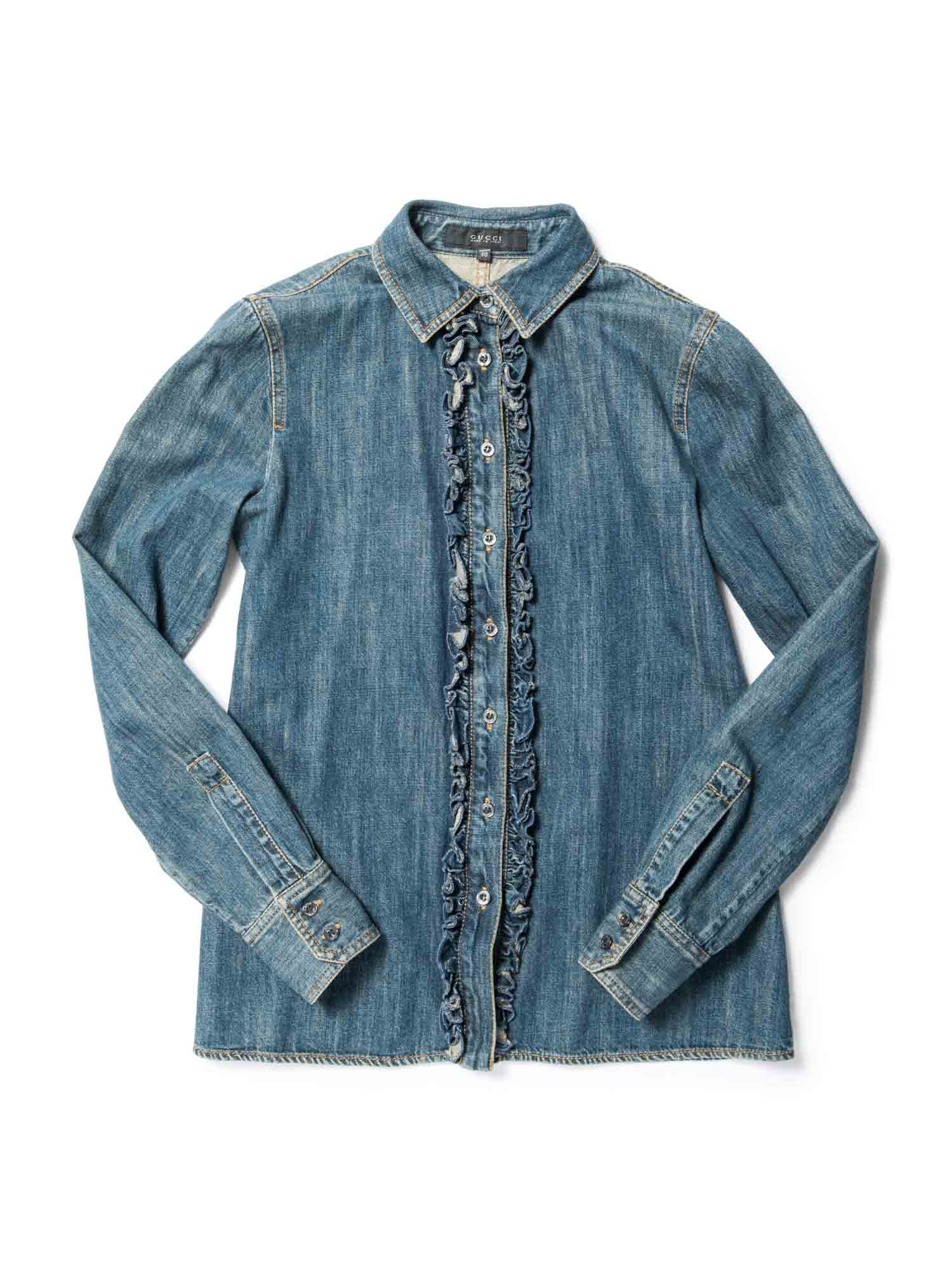 Gucci Logo Denim Ruffled Shirt Blue-designer resale