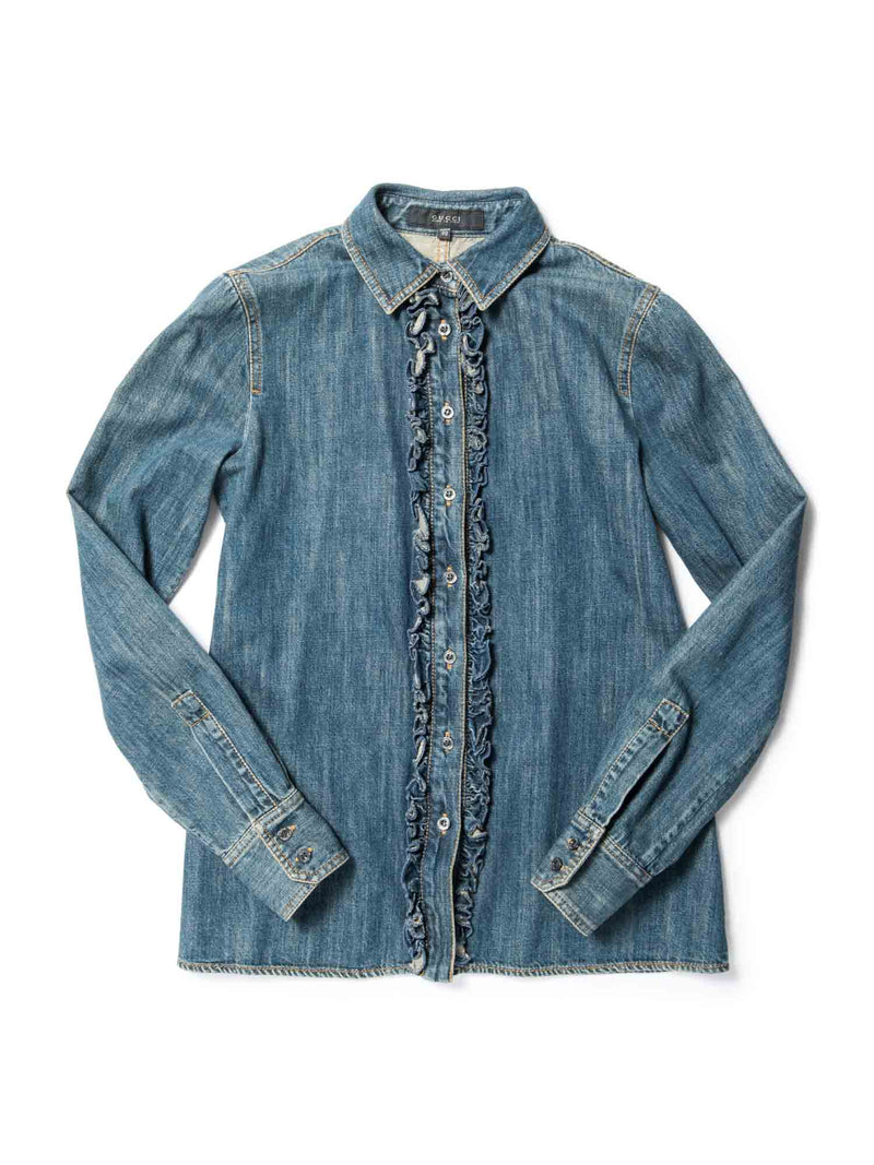 Gucci Logo Denim Ruffled Shirt Blue-designer resale