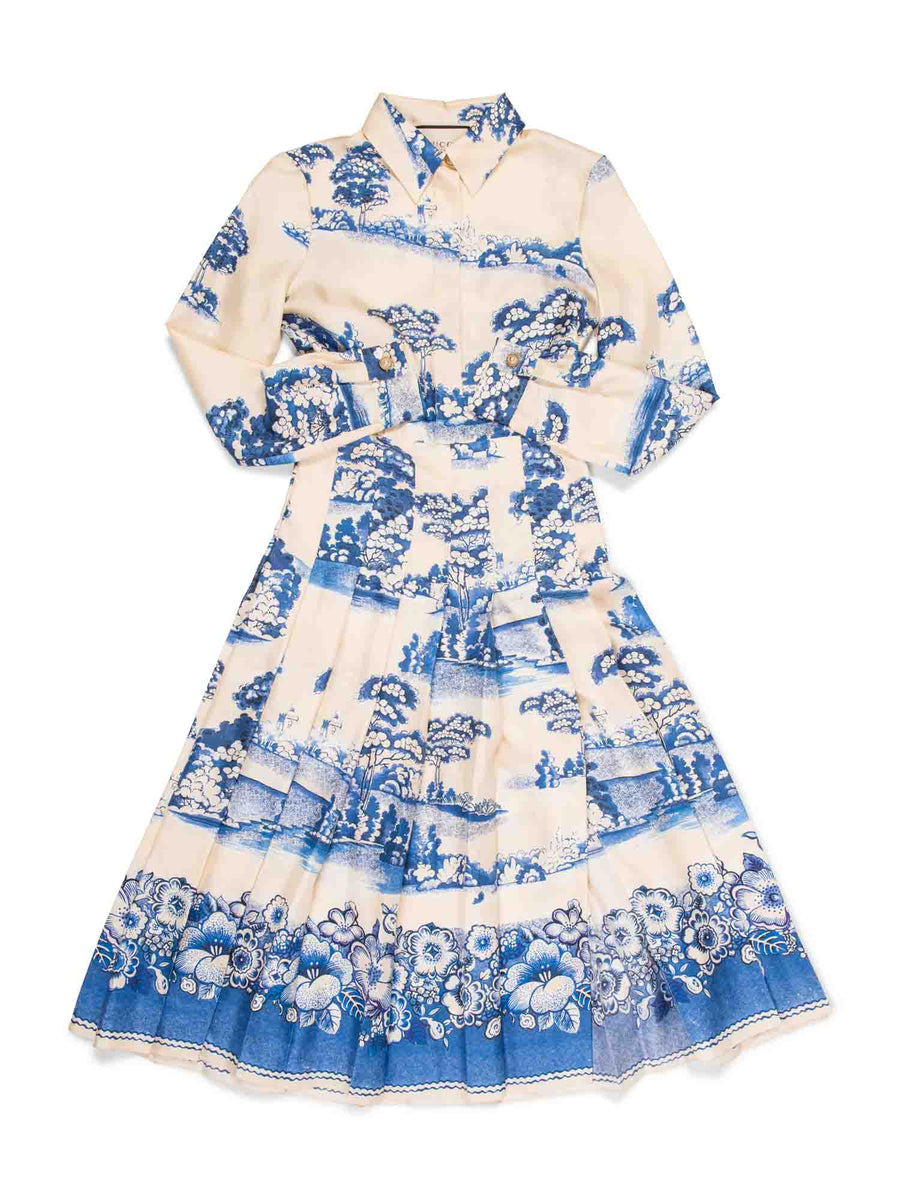 Gucci Logo Silk Pleated Porcelain Garden Midi Dress Ivory Blue Gucci Logo Silk Pleated Porcelain Garden Midi Dress Ivory Blue