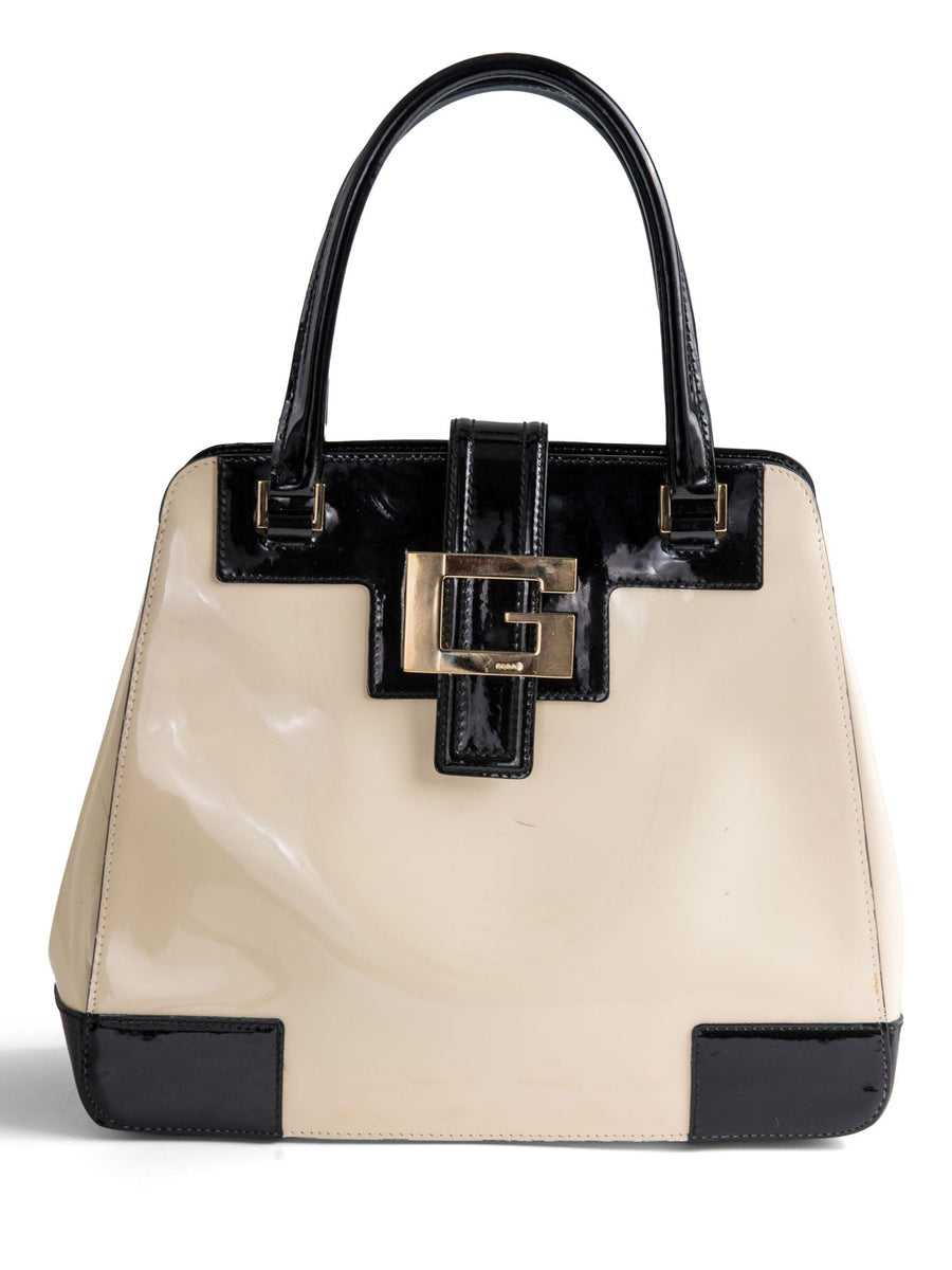 Gucci Patent Leather Logo Top Handle Bag Cream Black