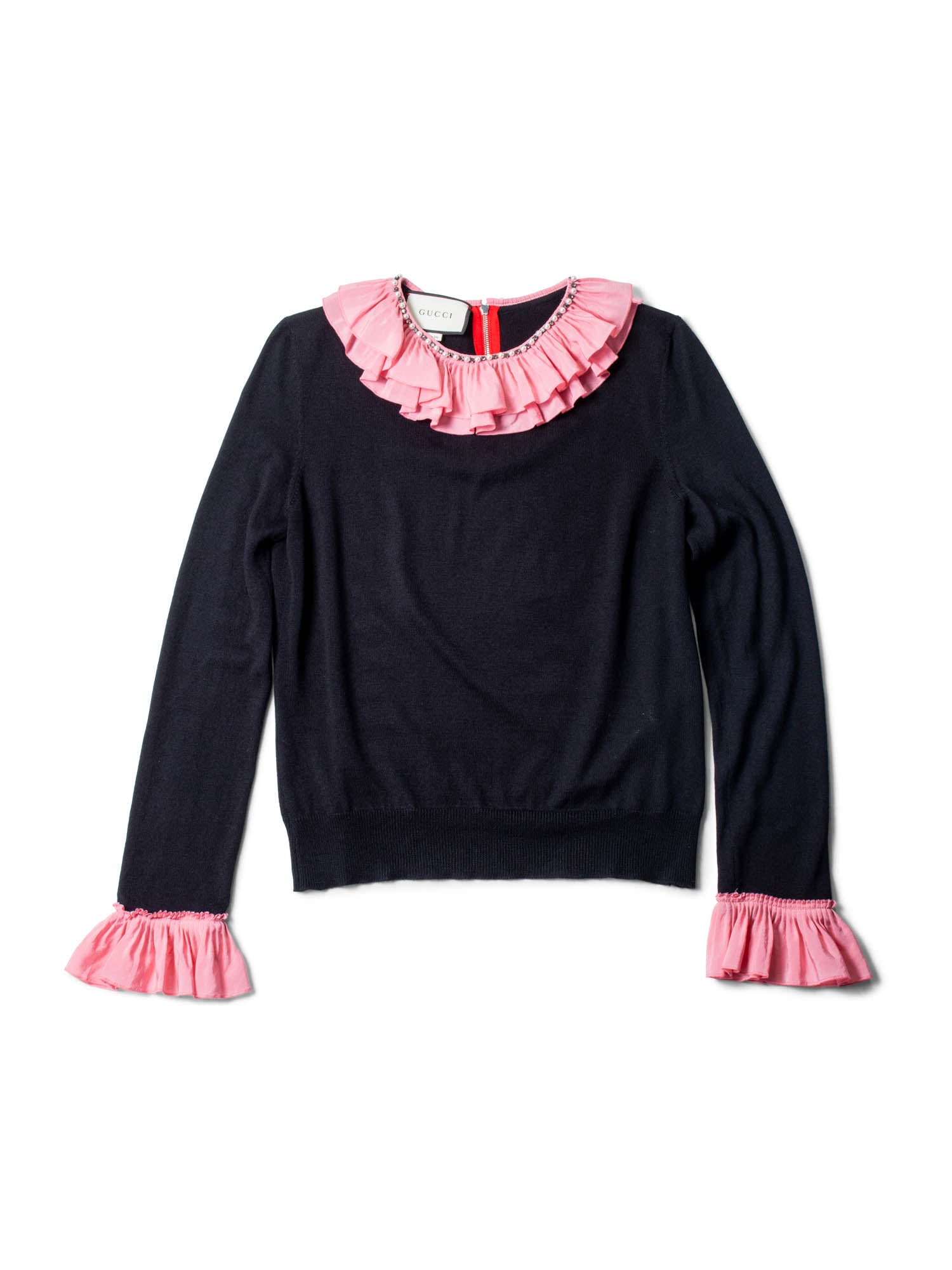 Gucci Runway Cashmere Pearl Neckline Ruffled Sweater Black Pink