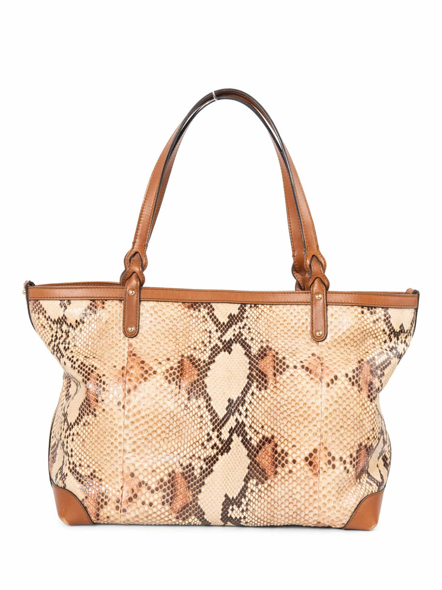 Gucci Shiny Snakeskin Keepall Tote Beige Brown