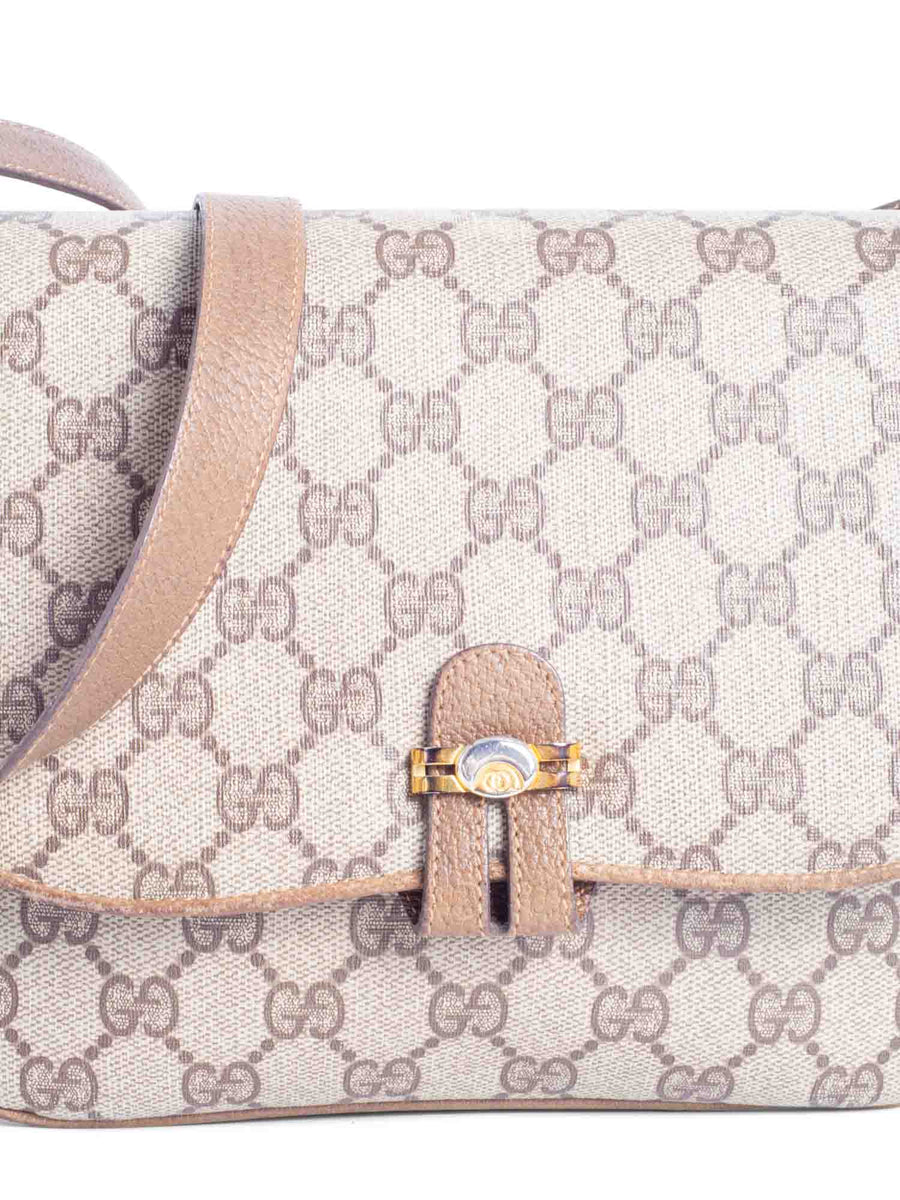 Gucci Vintage GG Supreme Flap Messenger Bag Brown Gold