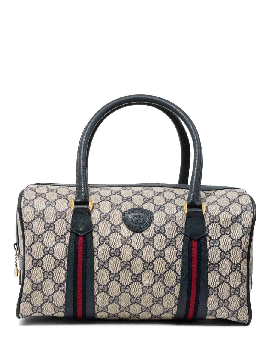 Vintage Gucci Medium Brown GG Embossed Leather Satchel Bag Handbag Authentic