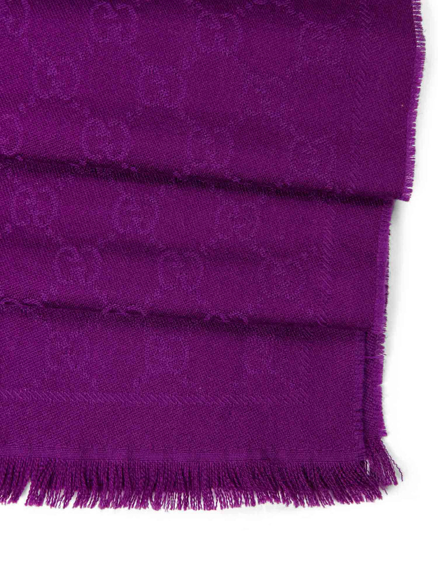 Gucci Wool GG Supreme Monogram Fringe Scarf Purple