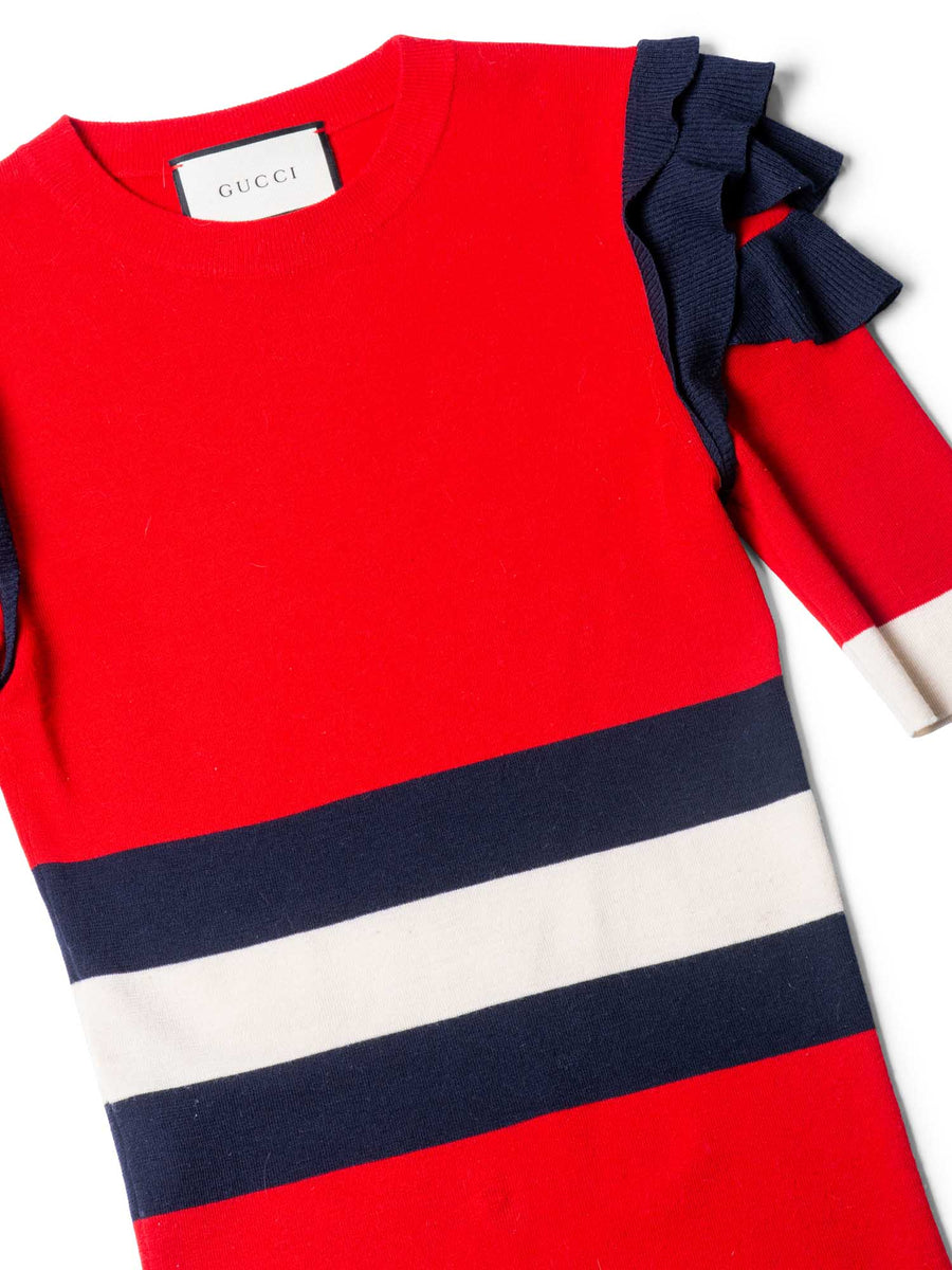 GUCCIネイビーチュニック 半袖 赤いストライプ Gucci Wool Ruffled Web Stripe Shirt Red Multicolor