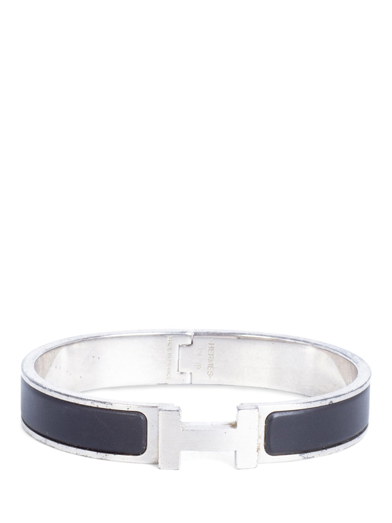 Hermes Enamel Narrow Clic Clac HH Men Bracelet PM Matte Black Silver-designer resale