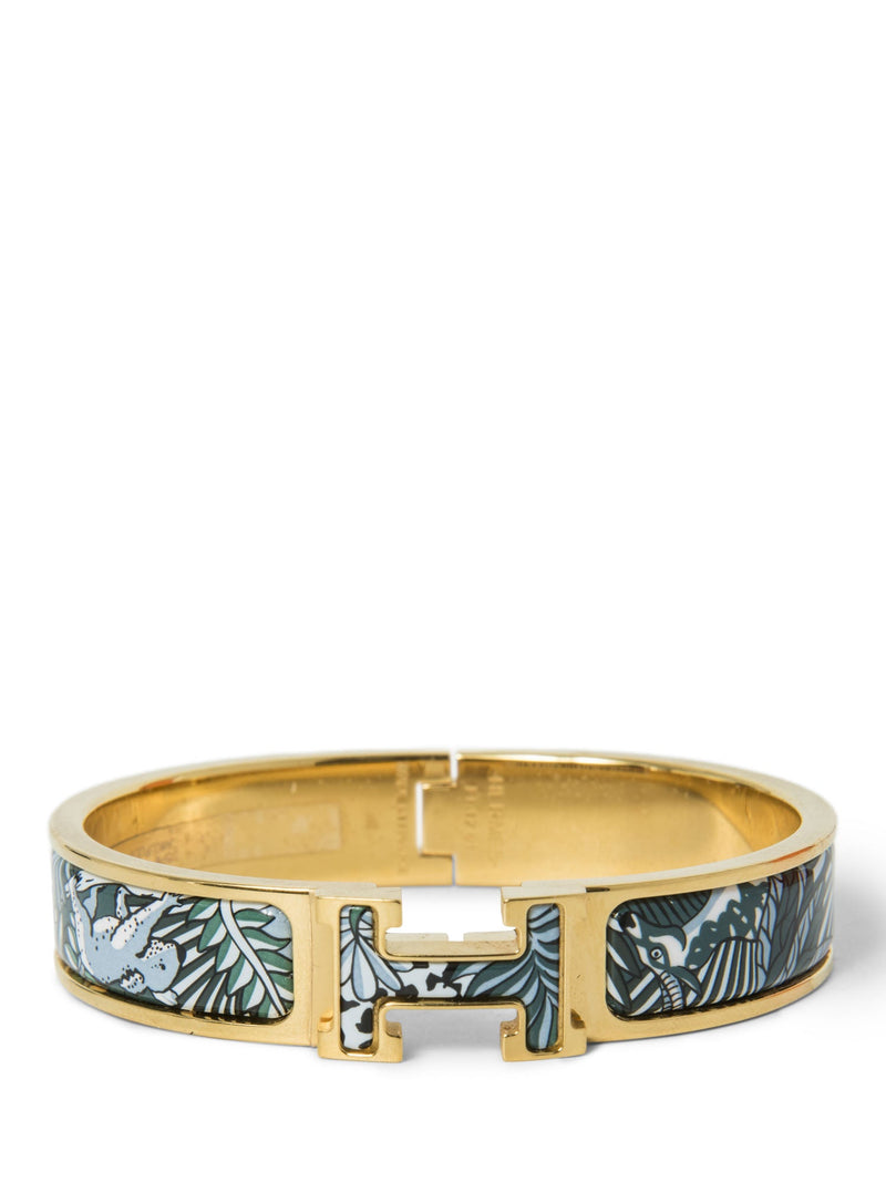 Hermes H Logo Narrow Enamel Animaux Camoufles Clic H Bracelet Gold Teal-designer resale