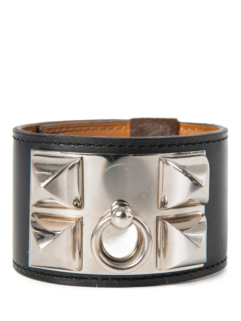Hermes Leather Palladium Collier De Chien Studded Bracelet Black-designer resale