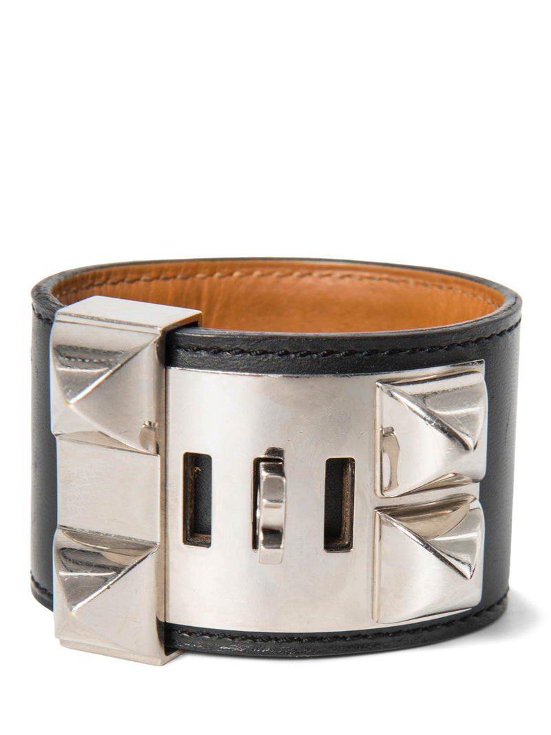 Hermes Leather Palladium Collier De Chien Studded Bracelet Black-designer resale