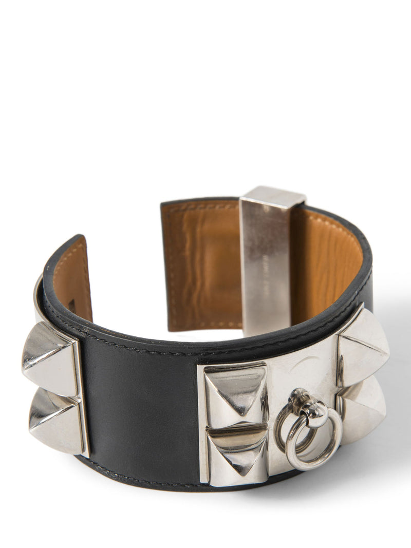 Hermes Leather Palladium Collier De Chien Studded Bracelet Black-designer resale