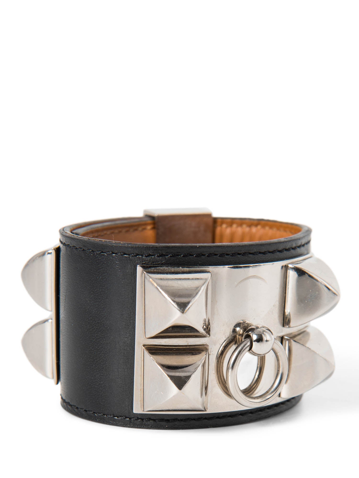 Hermes Leather Palladium Collier De Chien Studded Bracelet Black-designer resale