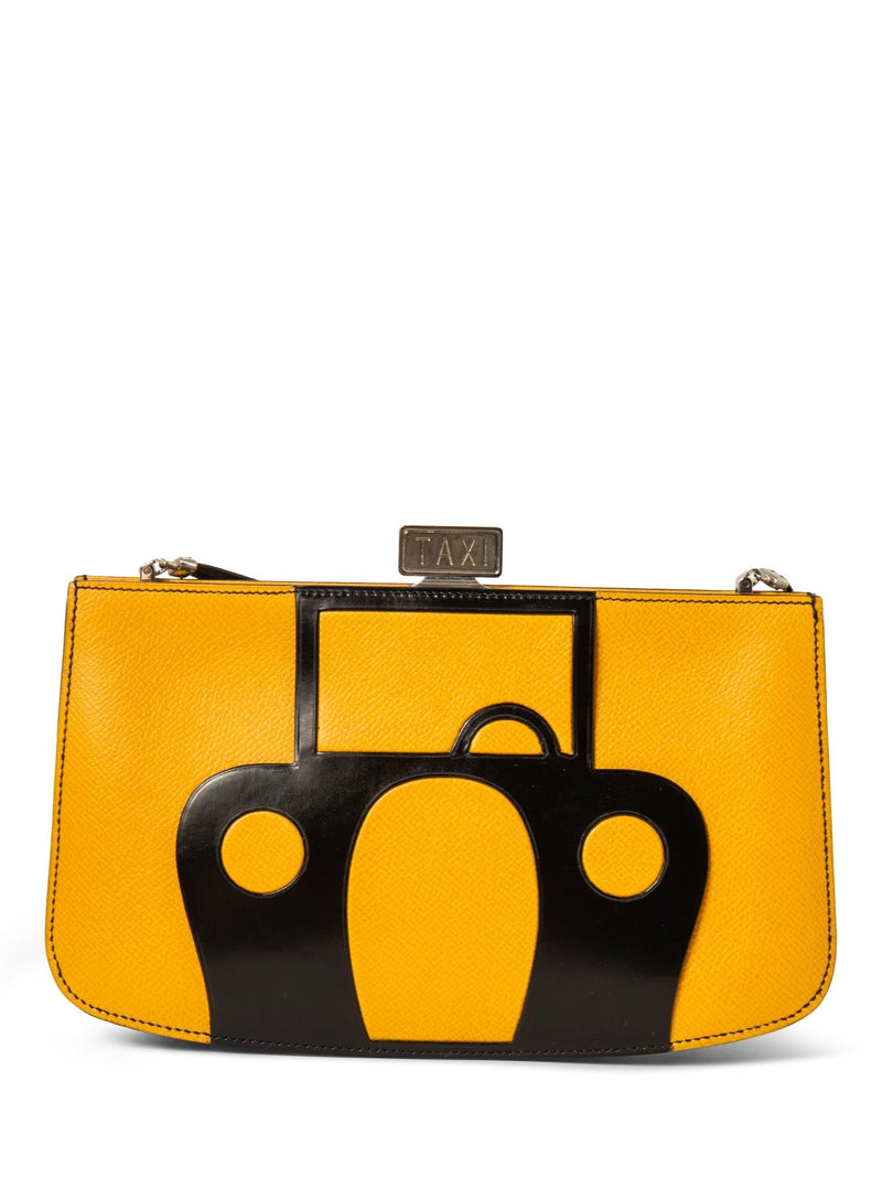 Hermes Vintage Logo Leather Taxi Messenger Bag Yellow Black-designer resale