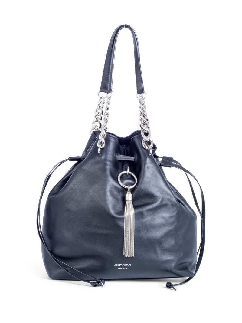 Jimmy Choo Leather Top Handle Tassel Bucket Bag Black Silver-designer resale