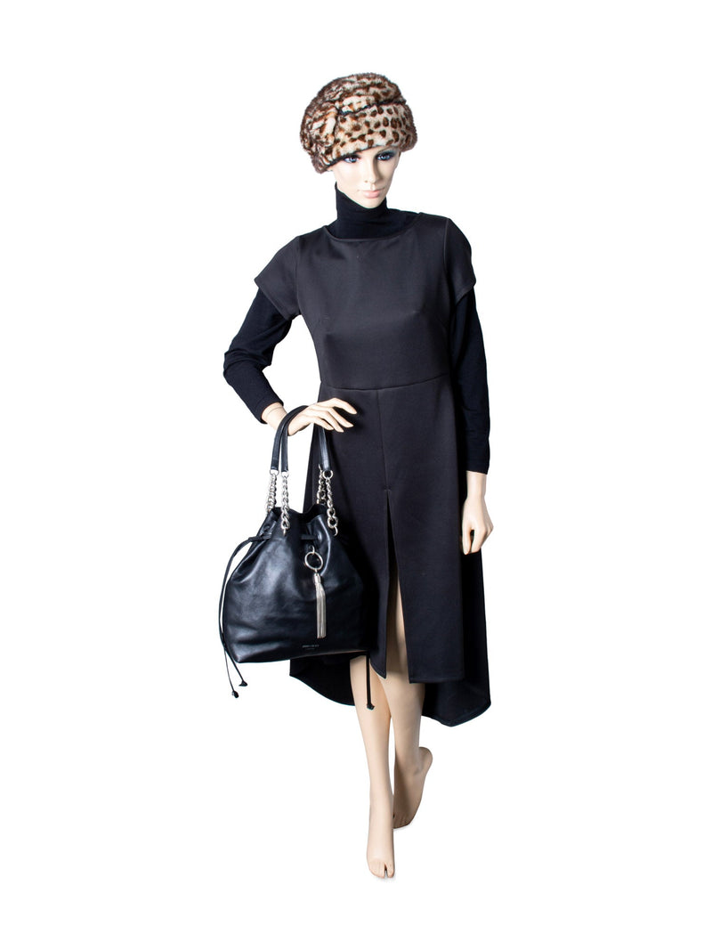 Jimmy Choo Leather Top Handle Tassel Bucket Bag Black Silver-designer resale