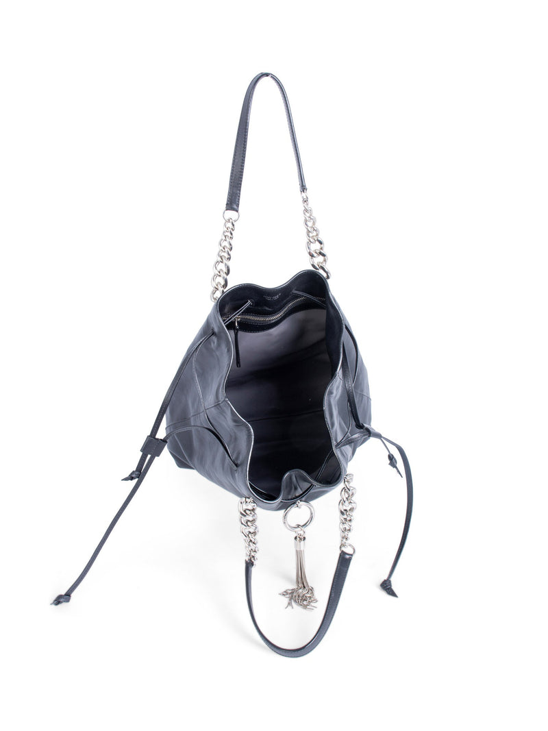 Jimmy Choo Leather Top Handle Tassel Bucket Bag Black Silver-designer resale
