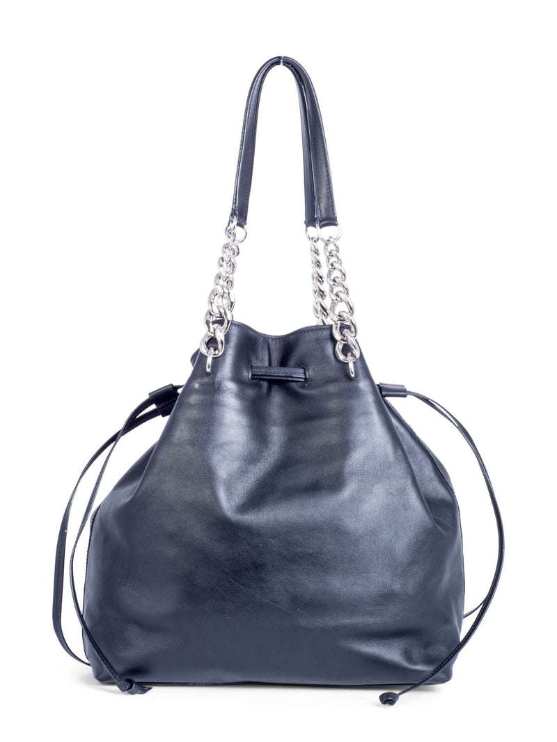 Jimmy Choo Leather Top Handle Tassel Bucket Bag Black Silver-designer resale