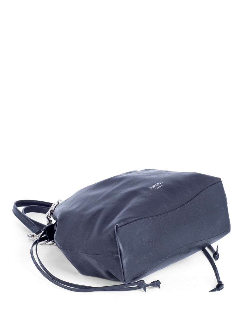 Jimmy Choo Leather Top Handle Tassel Bucket Bag Black Silver-designer resale