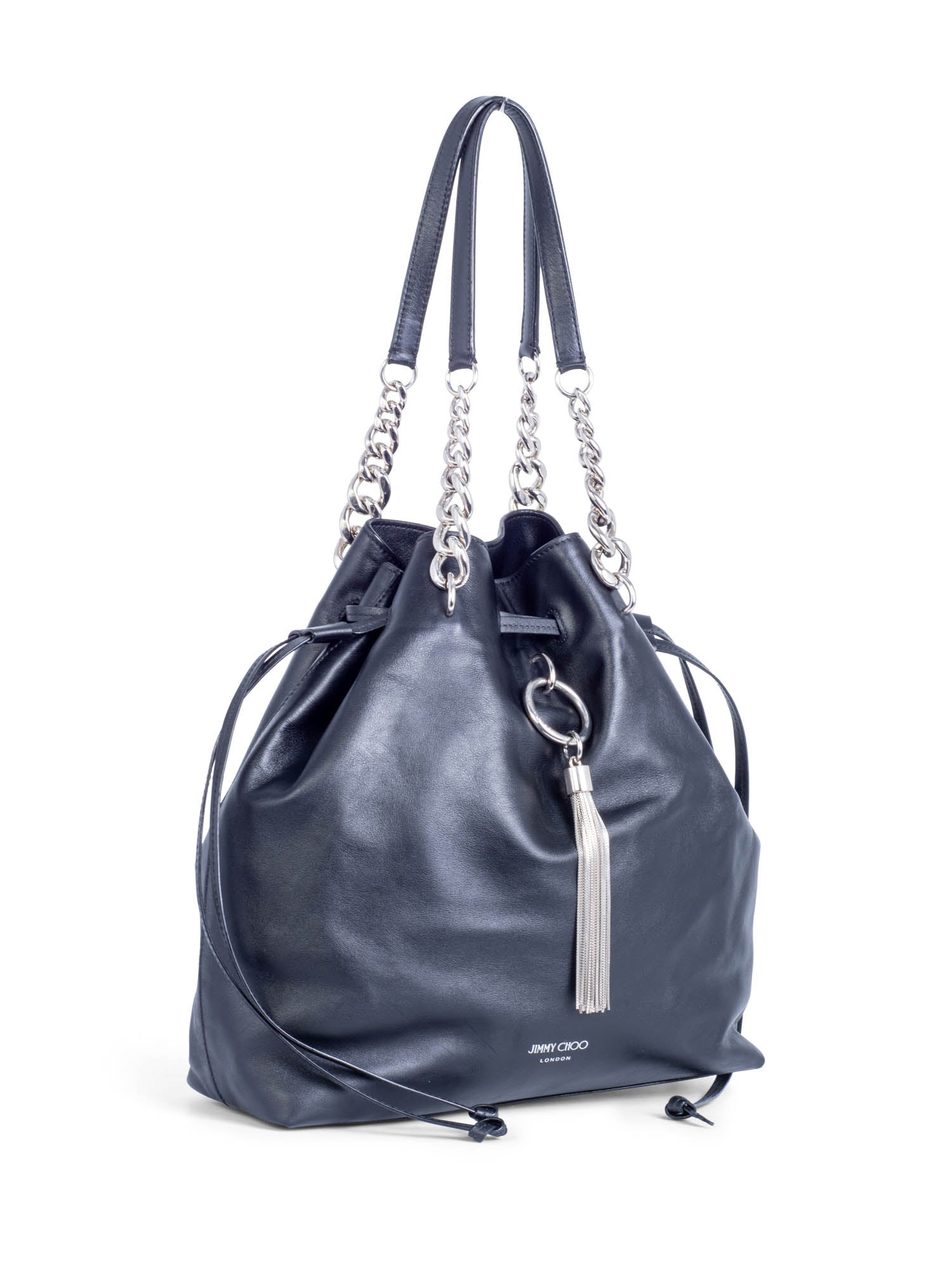 Jimmy Choo Leather Top Handle Tassel Bucket Bag Black Silver-designer resale