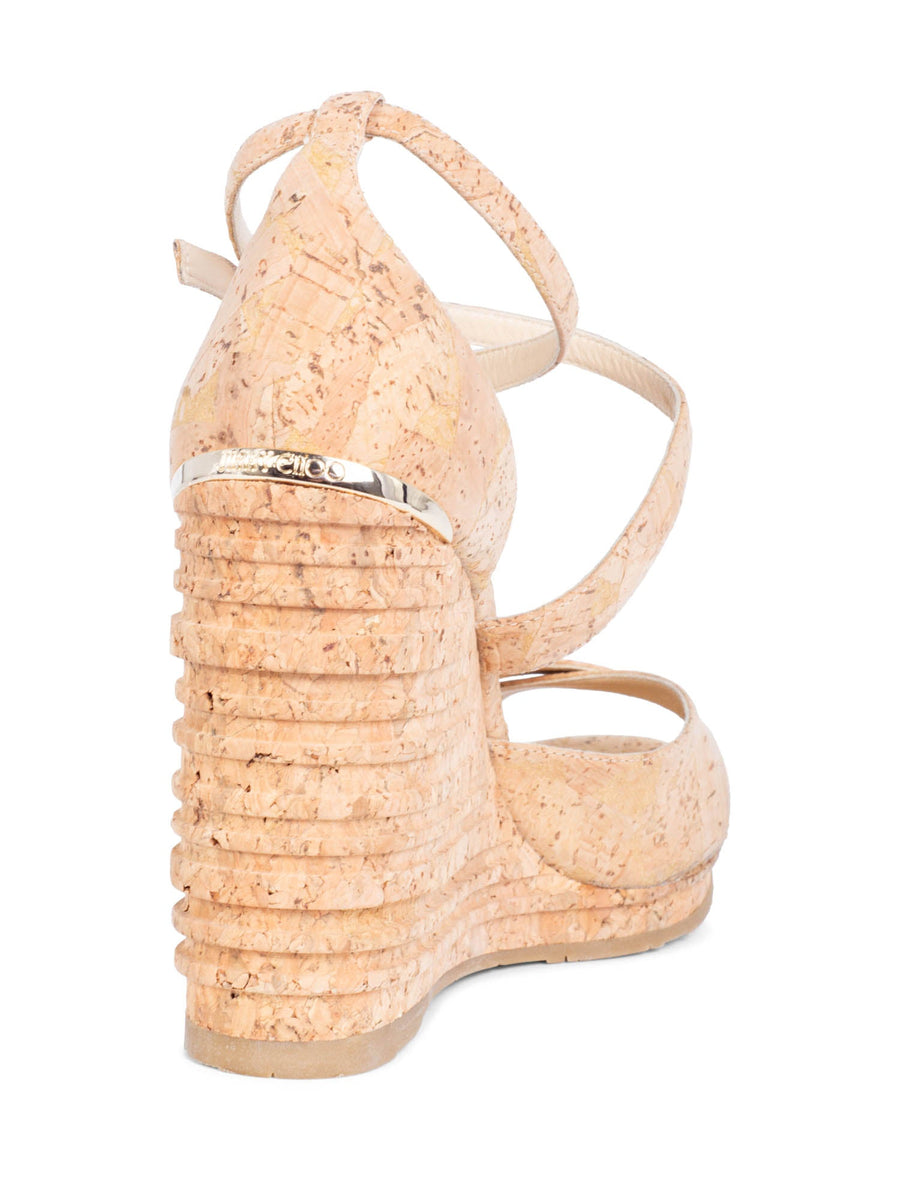 Jimmy Choo Logo Cork Platform Wedge Sandals Brown