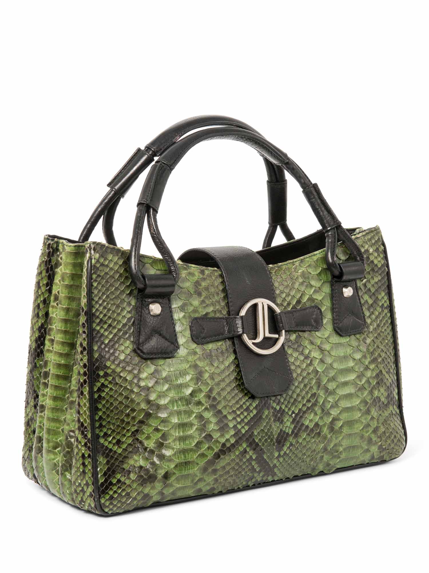 Judith Leiber Logo Python Leather Top Handle Bag Green Black