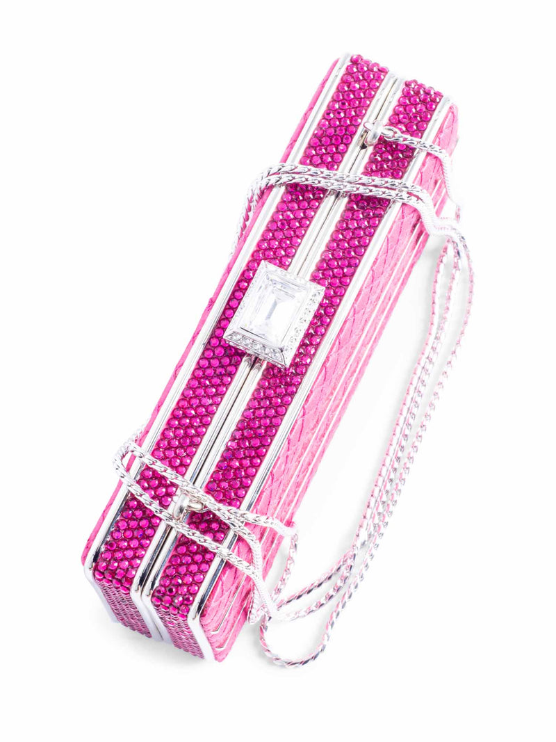 Judith Lieber Quilted Satin Rhinestone Embellished Clutch on Chain Pink-designer resale