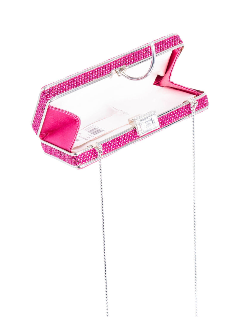 Judith Lieber Quilted Satin Rhinestone Embellished Clutch on Chain Pink-designer resale