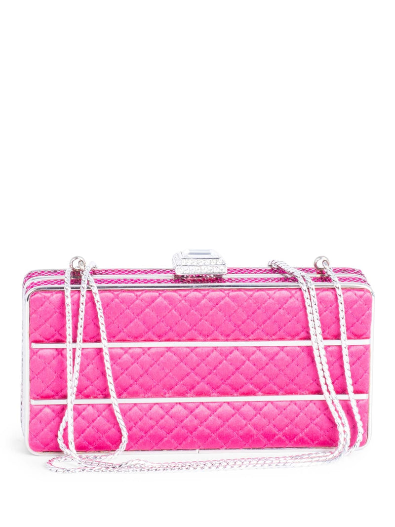Judith Lieber Quilted Satin Rhinestone Embellished Clutch on Chain Pink-designer resale