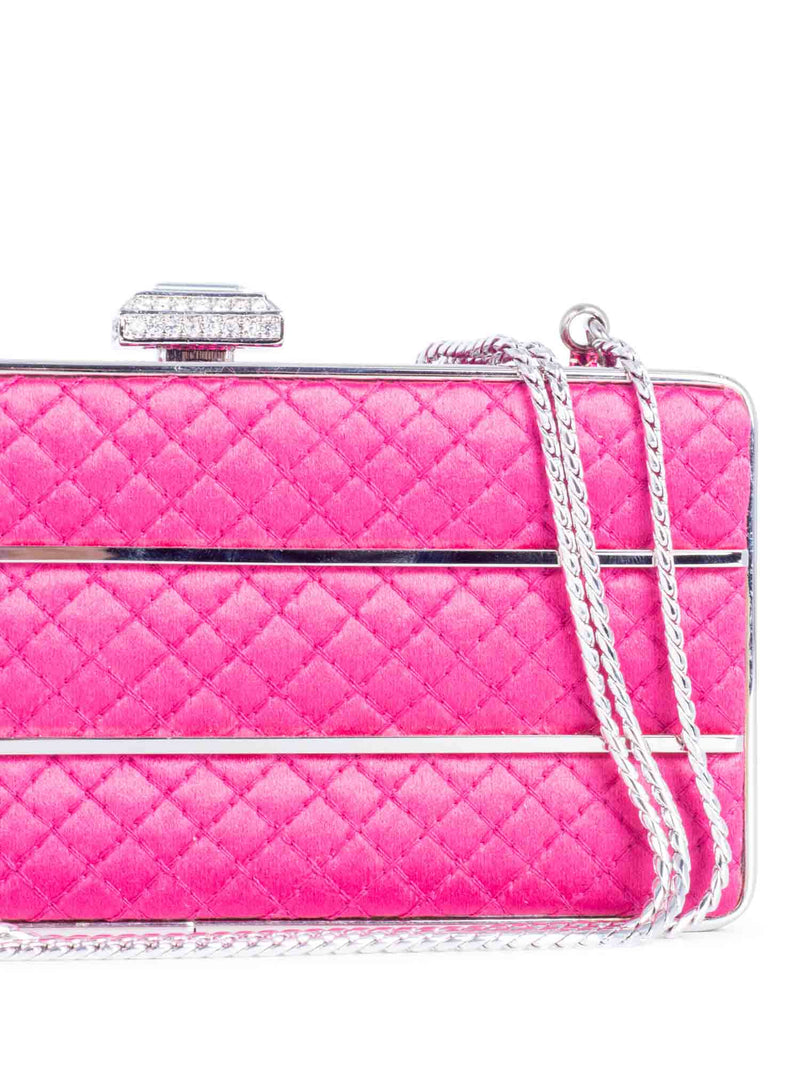 Judith Lieber Quilted Satin Rhinestone Embellished Clutch on Chain Pink-designer resale