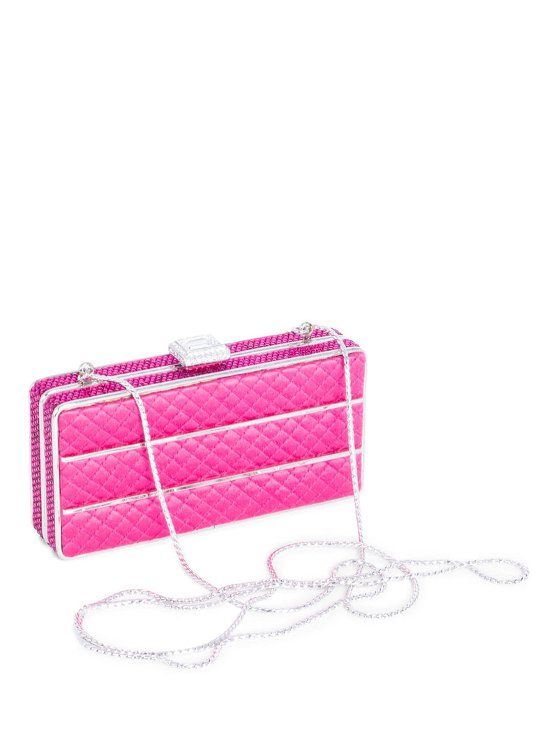 Judith Lieber Quilted Satin Rhinestone Embellished Clutch on Chain Pink-designer resale