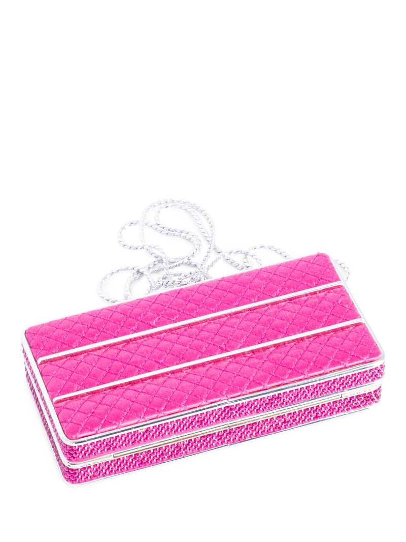 Judith Lieber Quilted Satin Rhinestone Embellished Clutch on Chain Pink-designer resale