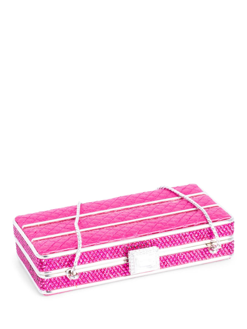 Judith Lieber Quilted Satin Rhinestone Embellished Clutch on Chain Pink-designer resale
