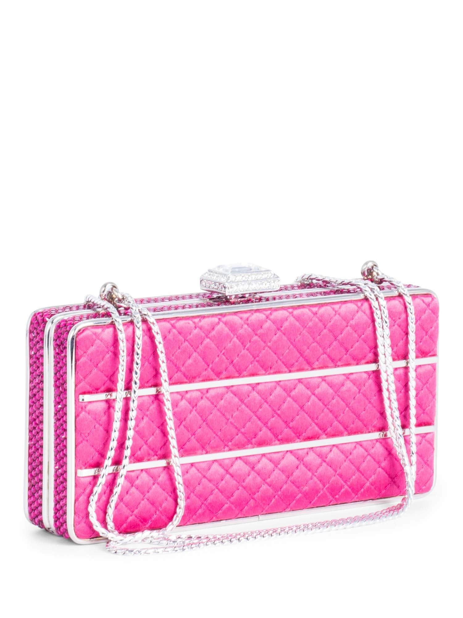 Judith Lieber Quilted Satin Rhinestone Embellished Clutch on Chain Pink-designer resale