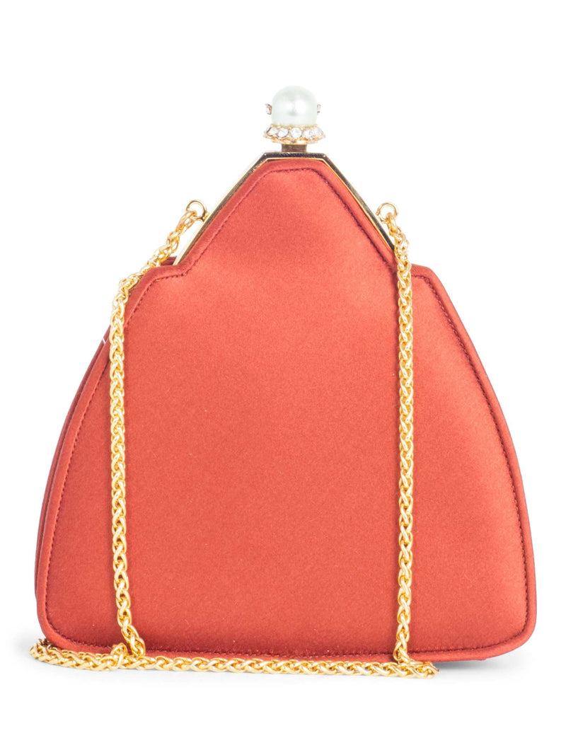 Judith Lieber Satin Pearl Bejeweled Clutch on Chain Brown-designer resale