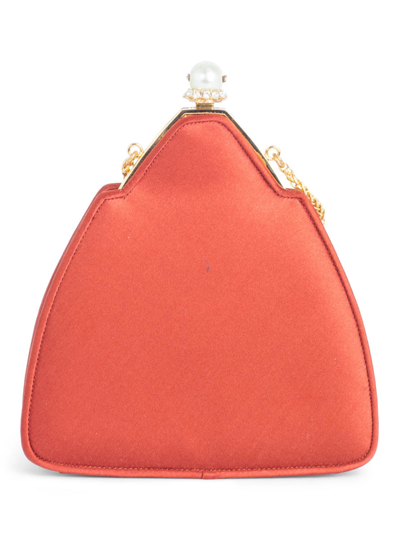 Judith Lieber Satin Pearl Bejeweled Clutch on Chain Brown-designer resale