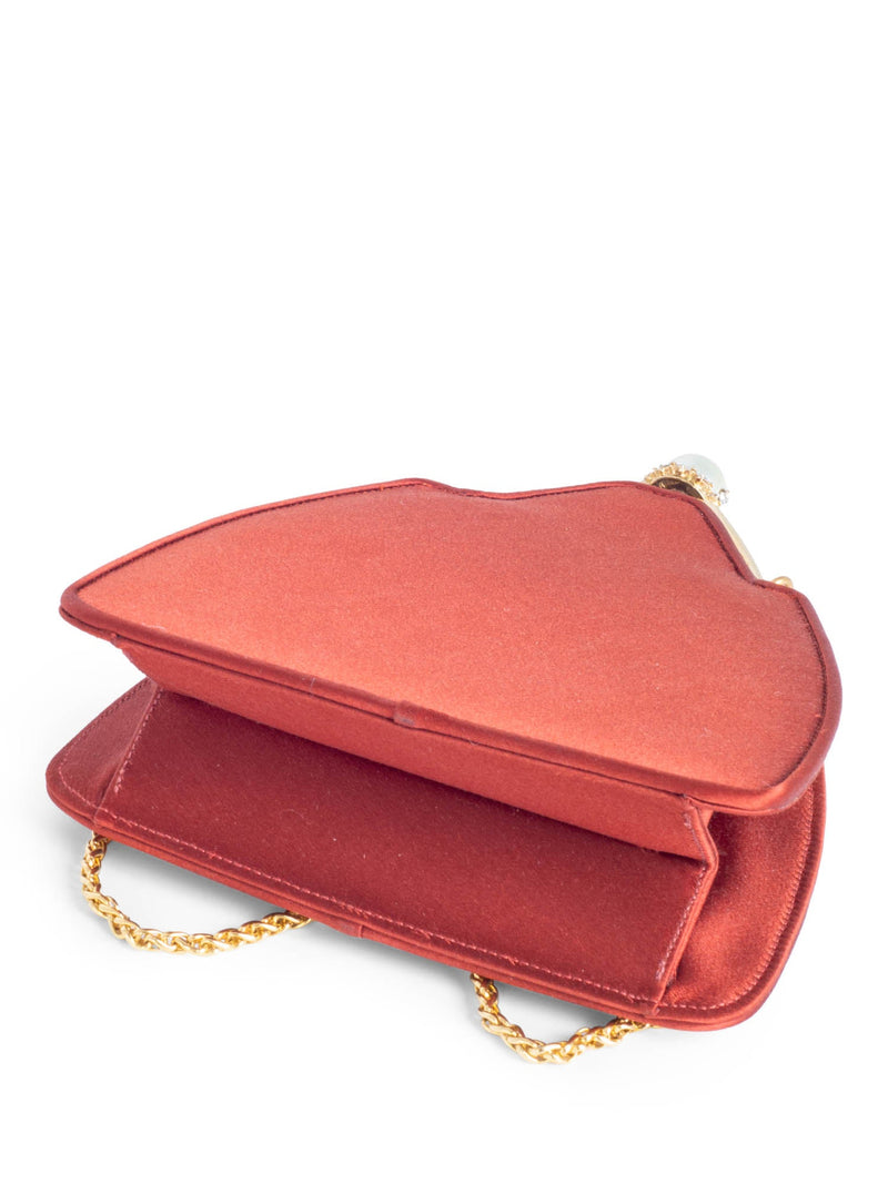 Judith Lieber Satin Pearl Bejeweled Clutch on Chain Brown-designer resale