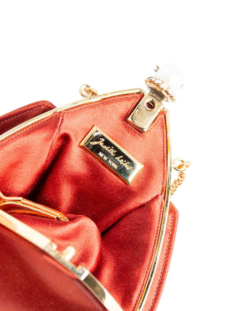 Judith Lieber Satin Pearl Bejeweled Clutch on Chain Brown-designer resale