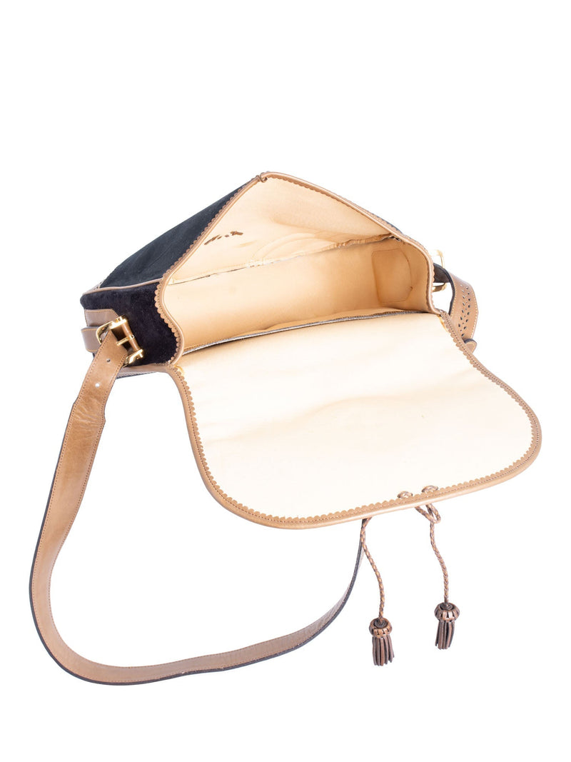 Loewe Anagram Logo Vintage Suede Leather Tassel Flap Messenger Bag Black Brown-designer resale