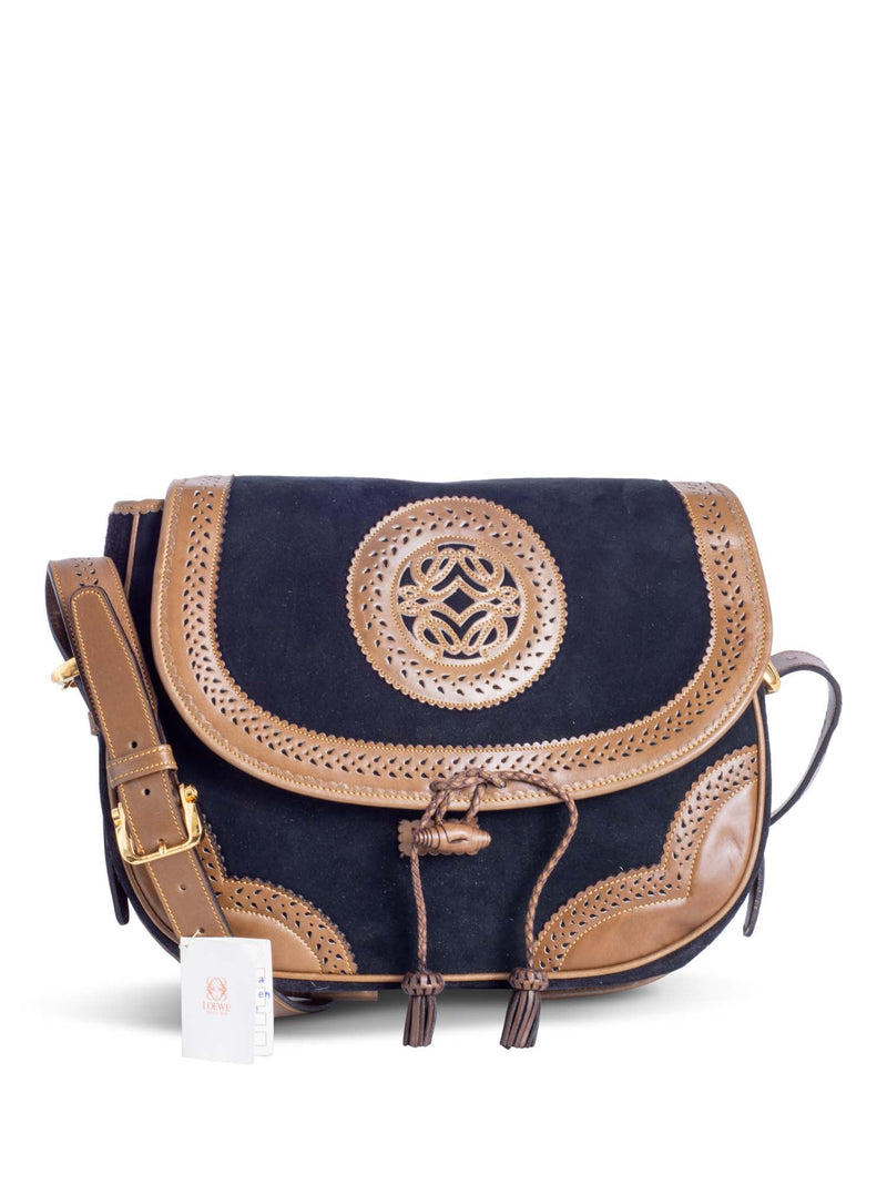 Loewe Anagram Logo Vintage Suede Leather Tassel Flap Messenger Bag Black Brown-designer resale