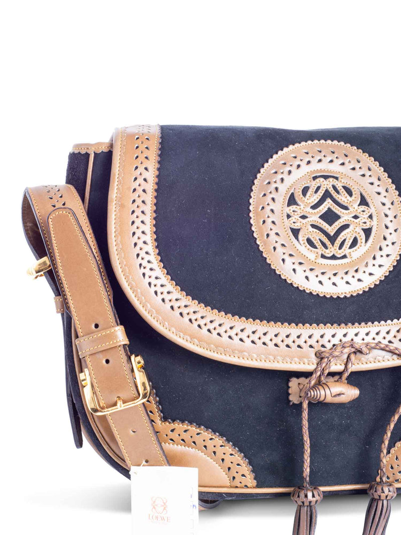 Loewe Anagram Logo Vintage Suede Leather Tassel Flap Messenger Bag Black Brown-designer resale