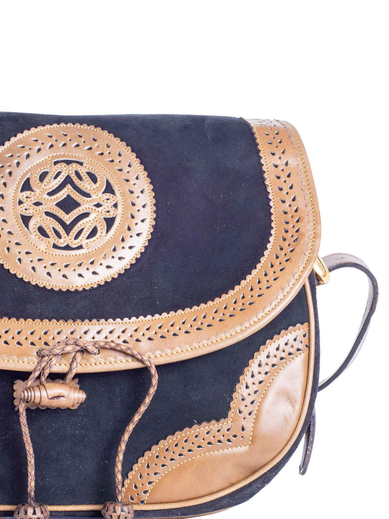 Loewe Anagram Logo Vintage Suede Leather Tassel Flap Messenger Bag Black Brown-designer resale