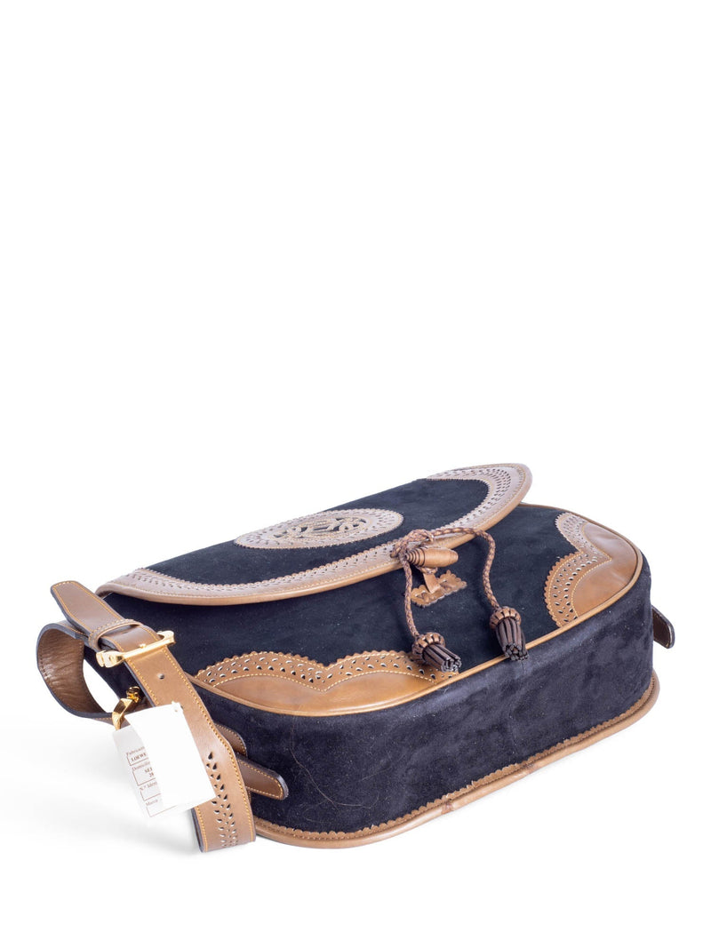 Loewe Anagram Logo Vintage Suede Leather Tassel Flap Messenger Bag Black Brown-designer resale