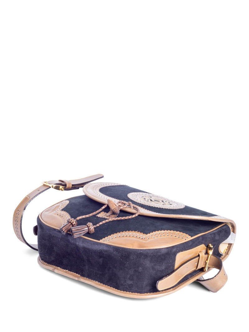 Loewe Anagram Logo Vintage Suede Leather Tassel Flap Messenger Bag Black Brown-designer resale