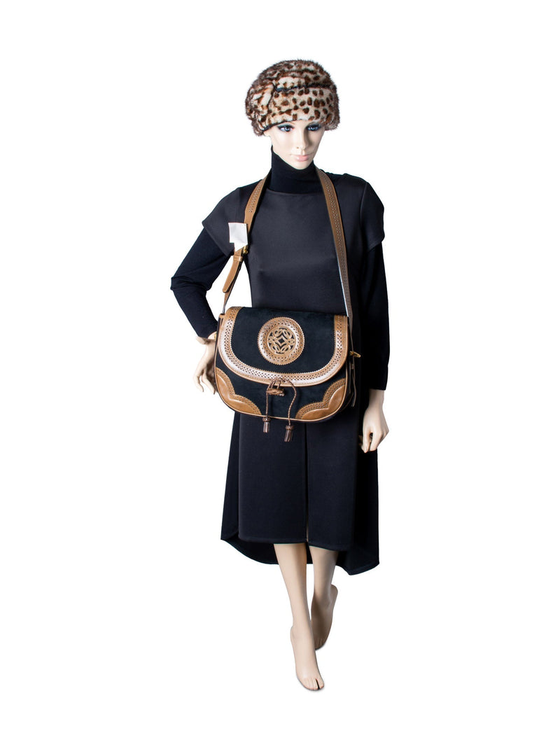 Loewe Anagram Logo Vintage Suede Leather Tassel Flap Messenger Bag Black Brown-designer resale