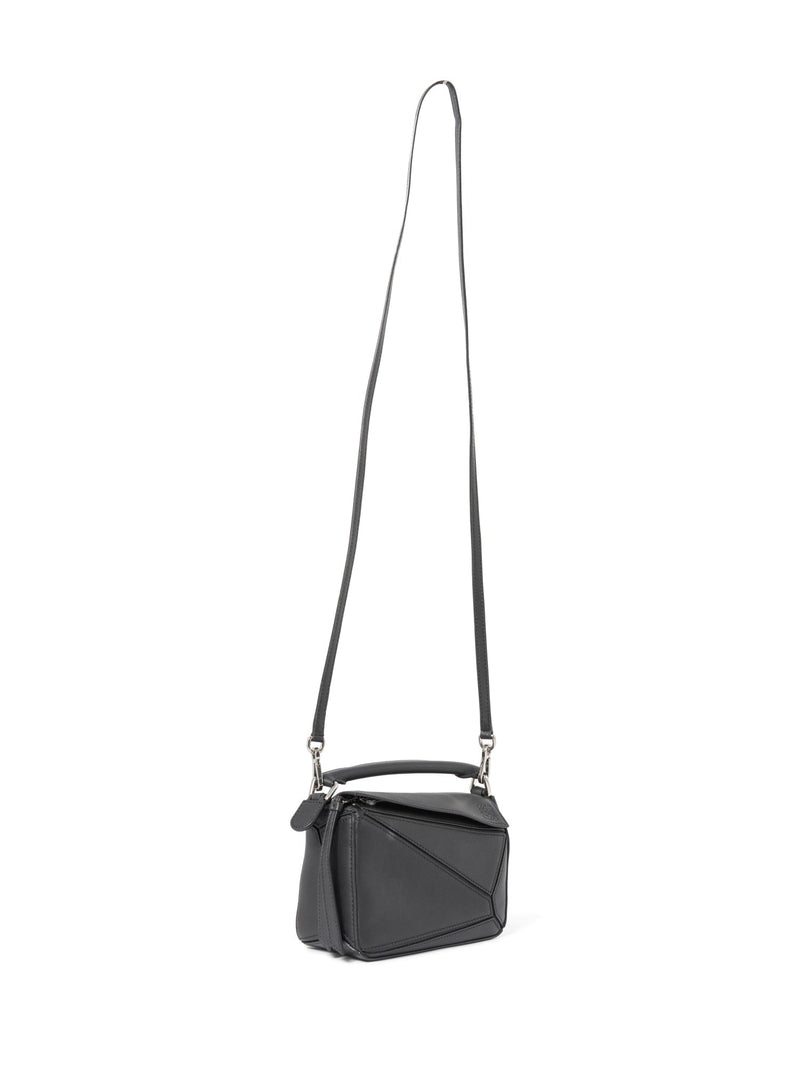 Loewe Logo Leather Mini Puzzle Messenger Bag Black Silver-designer resale