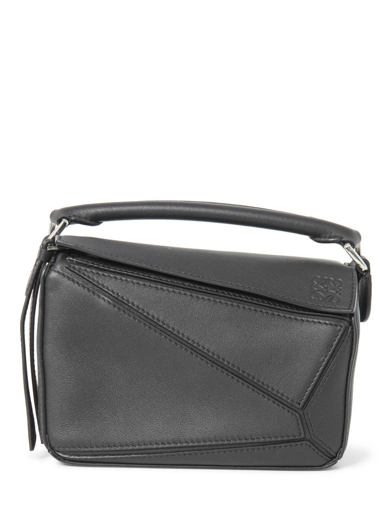 Loewe Logo Leather Mini Puzzle Messenger Bag Black Silver-designer resale