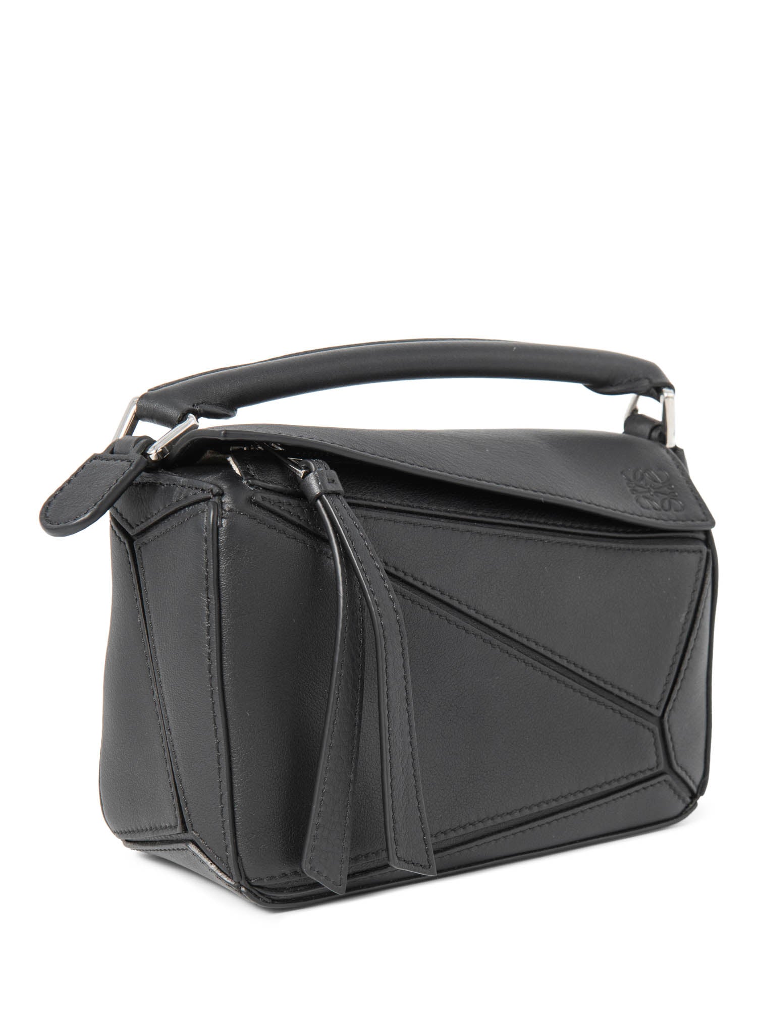 Loewe Logo Leather Mini Puzzle Messenger Bag Black Silver-designer resale